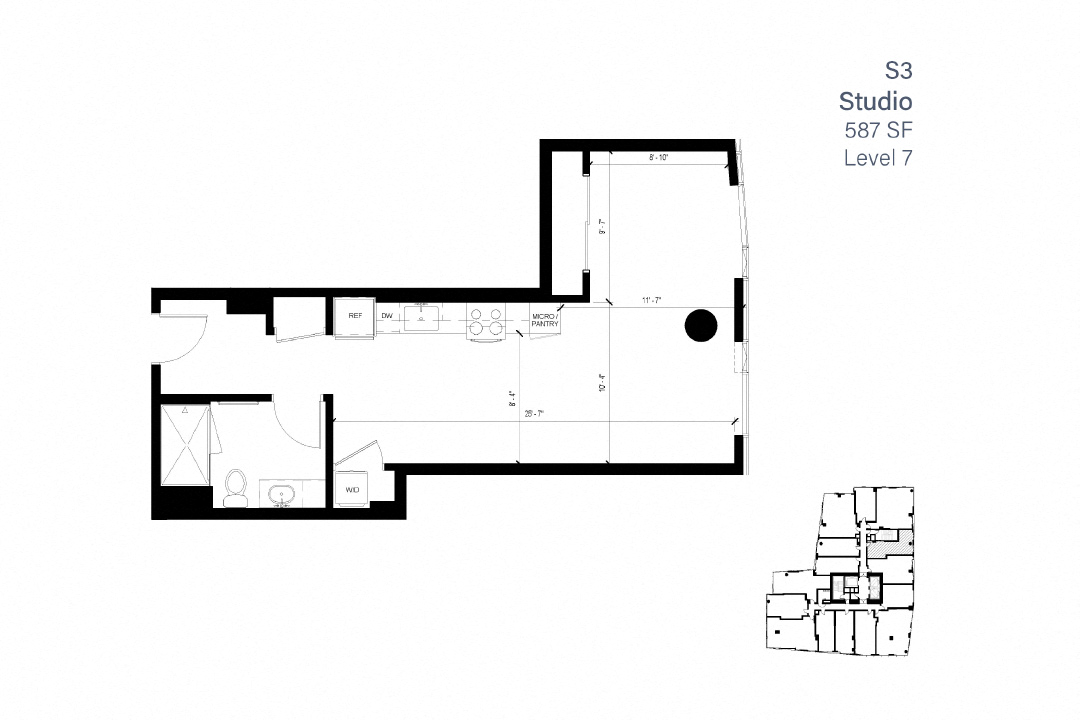 Floor plan for studio, 1 bath, 587 sqft
